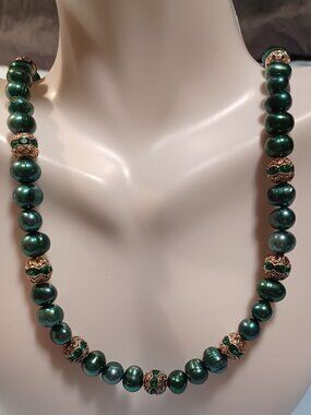Peacock Teal Green Freshwater Pearls & Rhinestone Studded Bead Necklace
